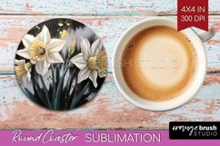White Flowers Round Coaster - Floral Coaster PNG Sublimation Product Image 1