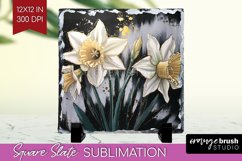 White Flowers Slate PNG - Floral Square Slate Sublimation Product Image 1