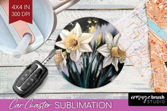 White Flowers Car Coaster - Floral Coaster PNG Sublimation Product Image 1