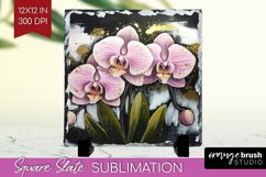 White Flowers Slate PNG - Floral Square Slate Sublimation Product Image 1