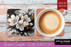 White Flowers Square Coaster - Floral Coaster PNG Product Image 1