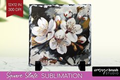 White Flowers Slate PNG - Floral Square Slate Sublimation Product Image 1