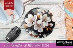 White Flowers Car Coaster - Floral Coaster PNG Sublimation Product Image 1