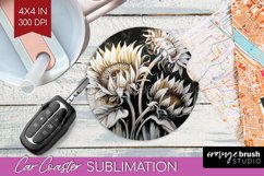 White Flowers Car Coaster - Floral Coaster PNG Sublimation Product Image 1