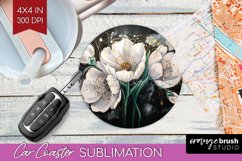 White Flowers Car Coaster - Floral Coaster PNG Sublimation Product Image 1