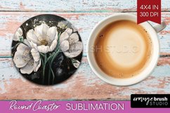 White Flowers Round Coaster - Floral Coaster PNG Sublimation Product Image 1