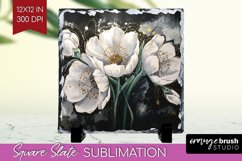 White Flowers Slate PNG - Floral Square Slate Sublimation Product Image 1