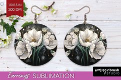 White Flowers Round Earrings - Floral PNG Sublimation Product Image 1