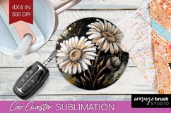 White Flowers Car Coaster - Floral Coaster PNG Sublimation Product Image 1