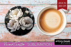 White Flowers Round Coaster - Floral Coaster PNG Sublimation Product Image 1