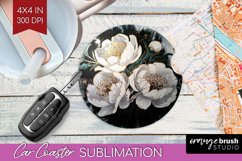 White Flowers Car Coaster - Floral Coaster PNG Sublimation Product Image 1