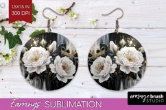 White Flowers Round Earrings - Floral PNG Sublimation Product Image 1