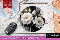 White Flowers Car Coaster - Floral Coaster PNG Sublimation Product Image 1