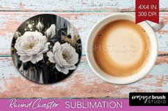 White Flowers Round Coaster - Floral Coaster PNG Sublimation Product Image 1
