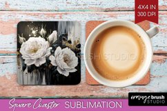 White Flowers Square Coaster - Floral Coaster PNG Product Image 1