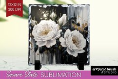 White Flowers Slate PNG - Floral Square Slate Sublimation Product Image 1