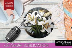 White Flowers Car Coaster - Floral Coaster PNG Sublimation Product Image 1