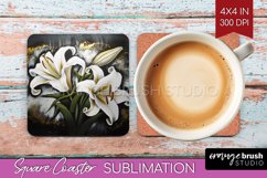 White Flowers Square Coaster - Floral Coaster PNG Product Image 1