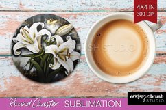 White Flowers Round Coaster - Floral Coaster PNG Sublimation Product Image 1