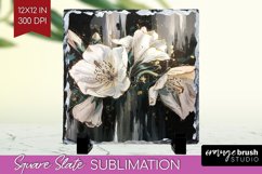 White Flowers Slate PNG - Floral Square Slate Sublimation Product Image 1