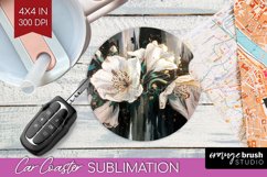 White Flowers Car Coaster - Floral Coaster PNG Sublimation Product Image 1