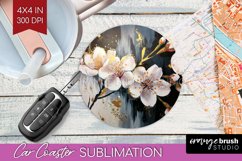White Flowers Car Coaster - Floral Coaster PNG Sublimation Product Image 1