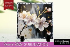 White Flowers Slate PNG - Floral Square Slate Sublimation Product Image 1