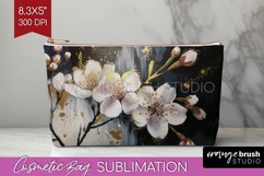White Flowers Cosmetic Bag - Floral Makeup Bag PNG Product Image 1