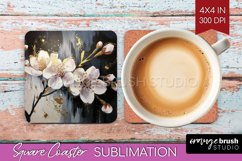 White Flowers Square Coaster - Floral Coaster PNG Product Image 1