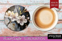 White Flowers Round Coaster - Floral Coaster PNG Sublimation Product Image 1
