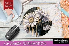 White Flowers Car Coaster - Floral Coaster PNG Sublimation Product Image 1