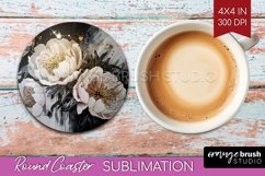 White Flowers Round Coaster - Floral Coaster PNG Sublimation Product Image 1