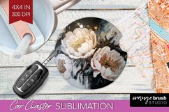 White Flowers Car Coaster - Floral Coaster PNG Sublimation Product Image 1