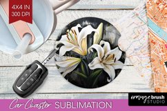 White Flowers Car Coaster - Floral Coaster PNG Sublimation Product Image 1