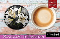 White Flowers Round Coaster - Floral Coaster PNG Sublimation Product Image 1