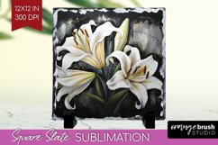 White Flowers Slate PNG - Floral Square Slate Sublimation Product Image 1
