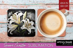 White Flowers Square Coaster - Floral Coaster PNG Product Image 1