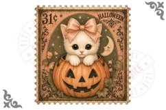 White Kitten In Jack O Lantern Halloween Stamp PNG Product Image 1