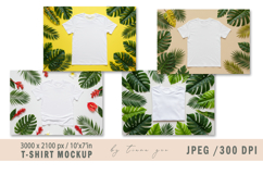 White T-Shirt Mockup with Tropical Leaf - 4 Flat Lay JPEGs Product Image 1