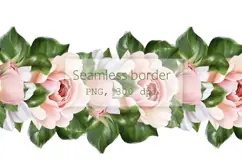 Pink roses garland clipart | Seamless floral border PNG Product Image 1