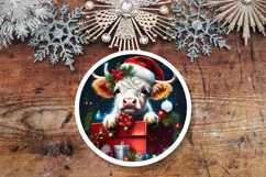 White Santa Cow with Gift Round PNG