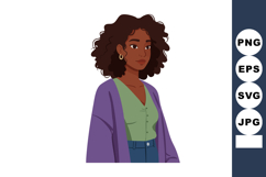 Woman with curly hair wearing green blouse and purple cardig Product Image 1