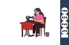 Woman Sewing on Vintage Sewing Machine with Red Fabric and P Product Image 1