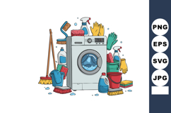 Washing machine surrounded by cleaning supplies brushes glov Product Image 1