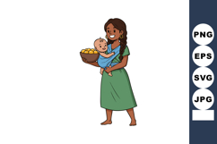 Mother carrying baby and bowl of fruit in green dress vector Product Image 1
