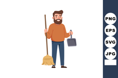 Bearded man holding broom and dustpan cleaning home chores v Product Image 1