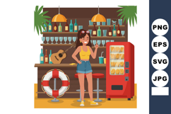Young woman enjoying drink at bar counter with guitar and ve Product Image 1