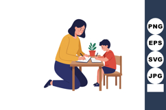 Mother Teaching Son Writing at Table with Plant in Pot Illus Product Image 1
