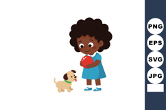 Child playing with small dog holding red ball in blue dress Product Image 1