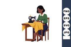 Woman sewing fabric on vintage sewing machine at wooden tabl Product Image 1